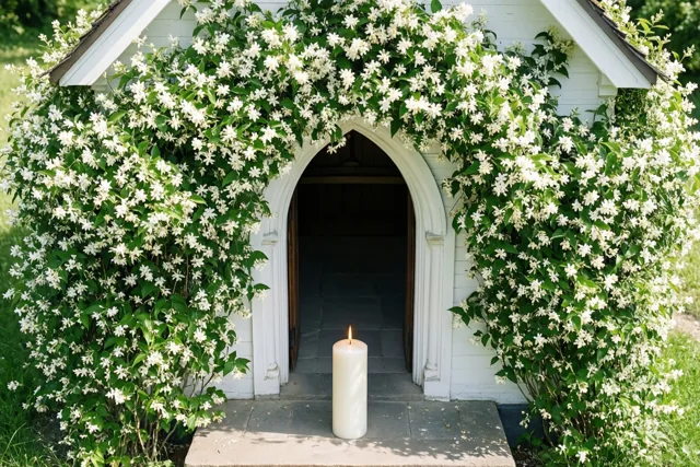 Een kleine witte kapeldeur is omringd door witte jasmijn en groene bladeren, met een brandende witte doopkaars op de stenen trede voor de boogvormige deuropening in het zonlicht.