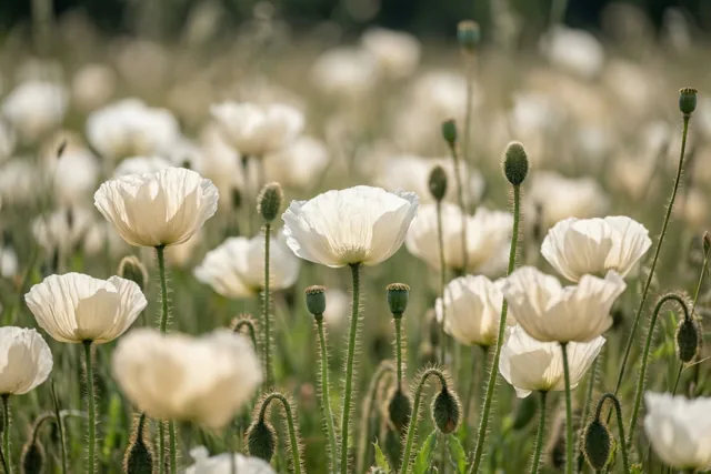 Witte klaprozen met groene stengels en gesloten knoppen staan in een zonovergoten weide.