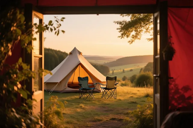 Vanuit een tentopening met rode stof en groen aan de zijkanten is een witte kloktent met twee klapstoelen te zien op een grasveld, met heuvels en bossen onder een warme avondlucht.