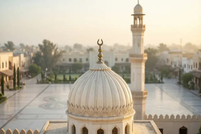 Een witte moskeekoepel met een maansikkel erop staat op de voorgrond, met een minaret op de achtergrond aan een rustig bestraat plein in zacht ochtendlicht.