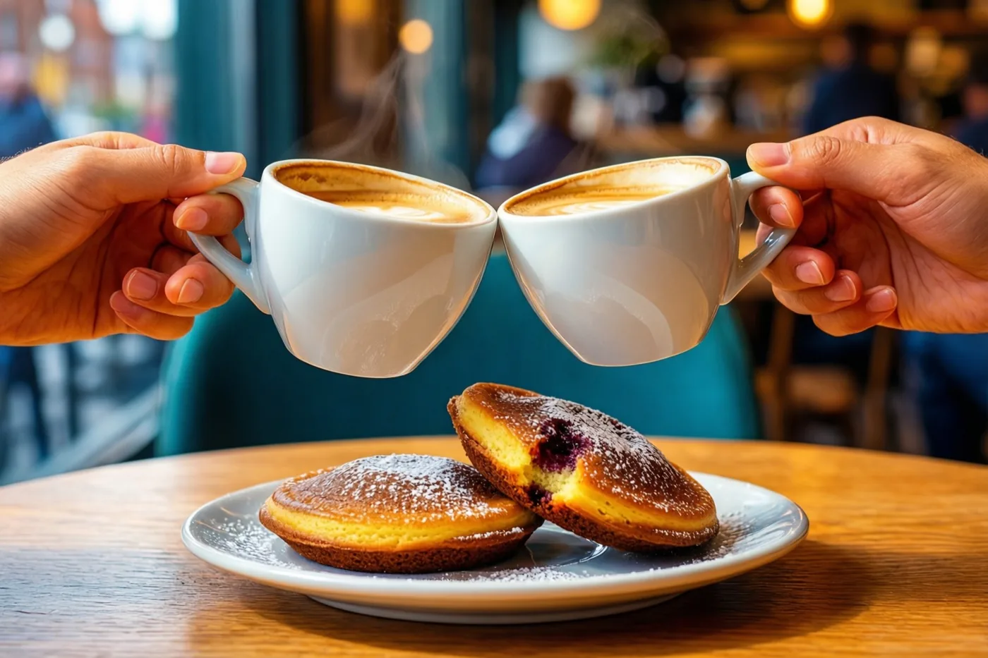 Twee handen klinken witte koffiekoppen tegen elkaar boven een bord koffiekoeken op een houten tafel in een warm verlicht café.