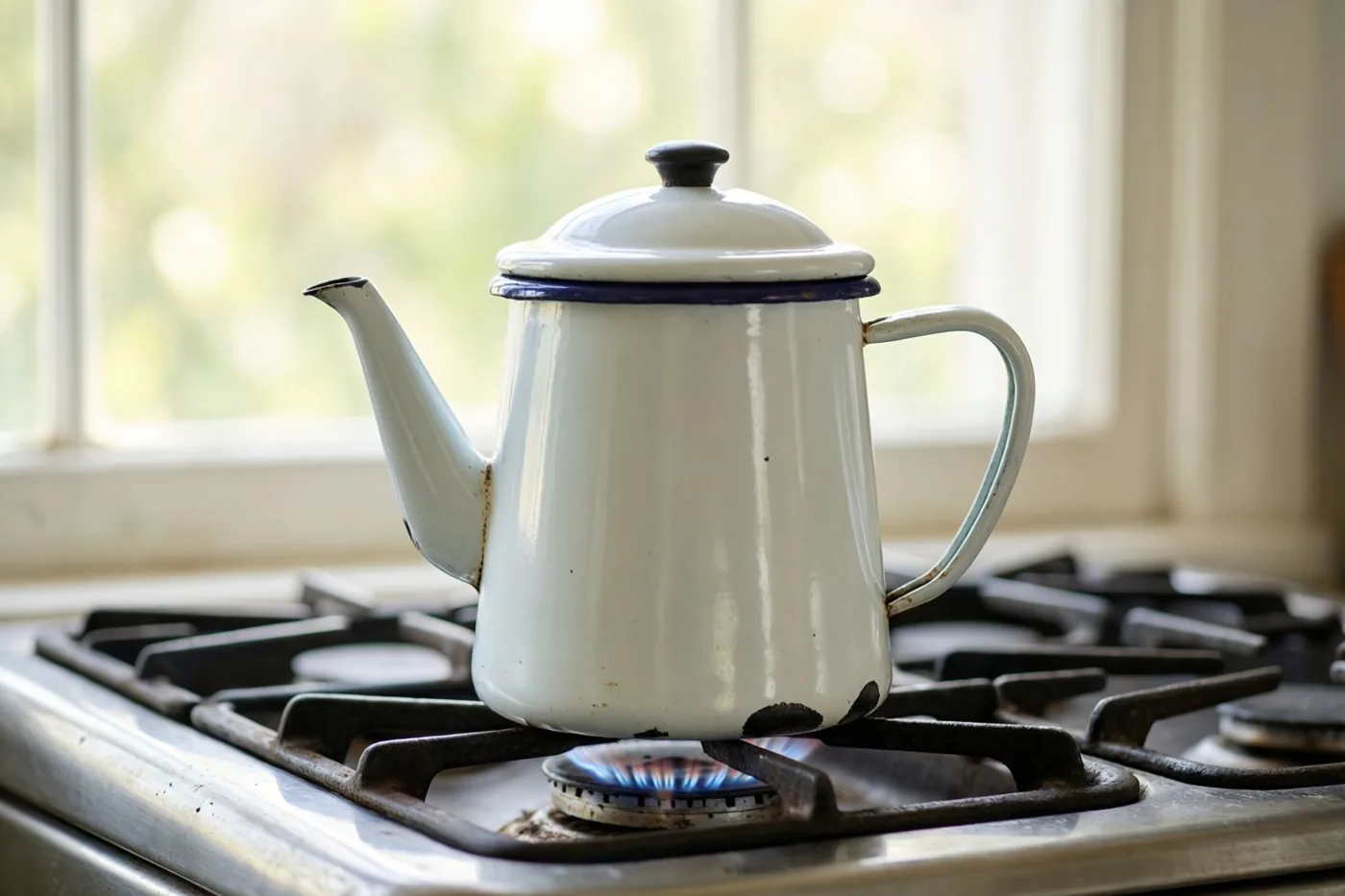 Een witte geëmailleerde koffiepot met een blauwe rand staat boven een blauwe gasvlam, met zacht ochtendlicht door een raam op de achtergrond.