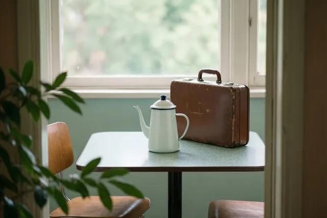 Een witte geëmailleerde koffiepot en een bruine leren aktetas staan op een lichtgroene formicatafel bij een raam in zacht daglicht.