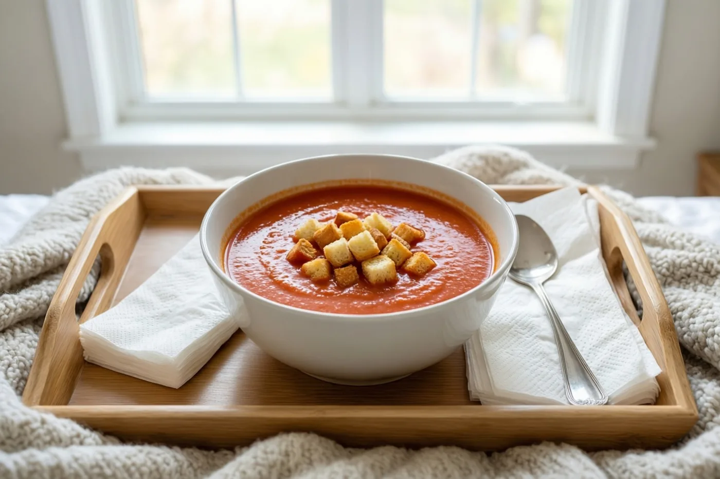 Een witte kom rode tomatensoep met goudbruine croutons staat op een houten dienblad op een beige deken met reliëf, met een raam op de achtergrond.
