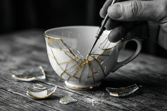 Een gebroken witte keramieken kop met gouden herstellijnen wordt weer in elkaar gezet op een donkere houten tafel, in een verder monochroom beeld.