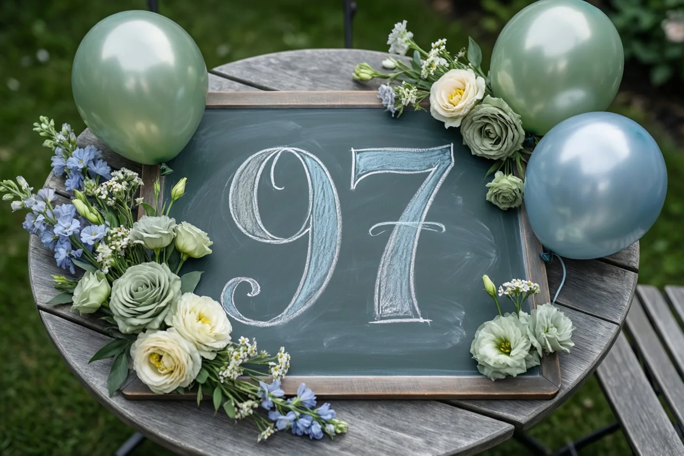 Een krijtbord met 97 in sierlijk wit krijt staat op een houten tuintafel tussen verse bloemen en ballonnen, in zachtgroene en blauwe tinten.
