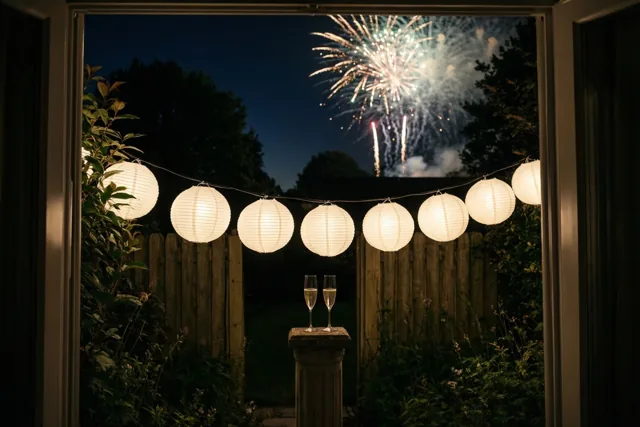Door een raam zijn witte brandende lampionnen in een tuin te zien, met twee champagneglazen op een stenen paal en vuurwerk achter een houten schutting.