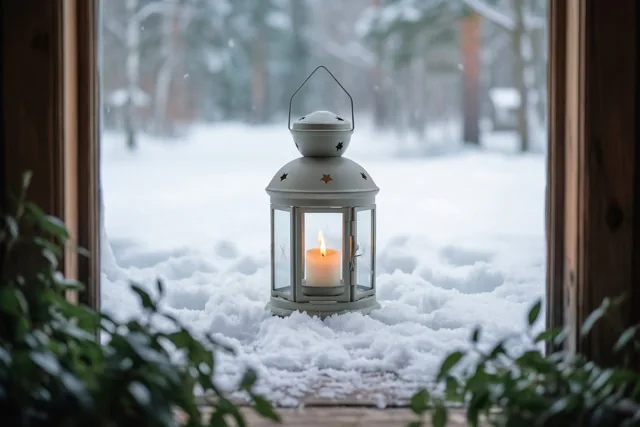 Door een houten raam is een witte lantaarn met een brandende kaars in verse sneeuw op de vensterbank te zien, met een besneeuwd bos erachter en groene bladeren op de voorgrond.