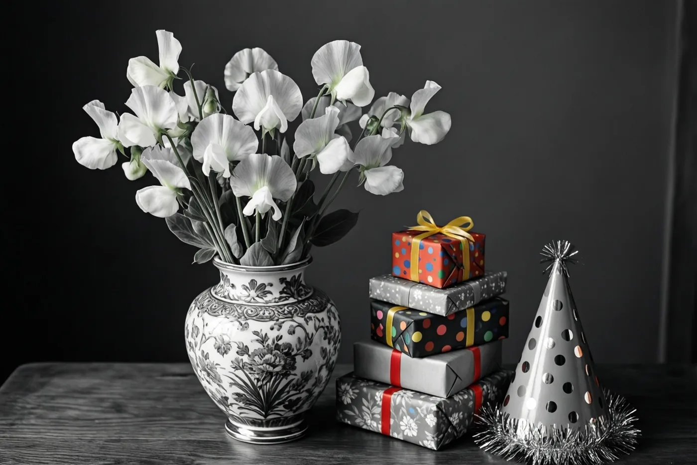 Een vaas met witte lathyrus staat op donker hout naast een stapel kleurrijk ingepakte cadeaus en een zilverkleurig feesthoedje, tegen een donkergrijze achtergrond.