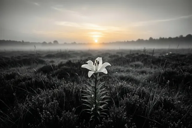 Een witte lelie staat op de voorgrond van een mistig heidelandschap bij zonsondergang, in overwegend grijze tinten met een warme gloed aan de horizon.