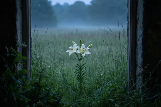 Door een donker raamkozijn is een witte lelie te zien in hoog groen gras aan de rand van een mistige weide, in koele blauwe en groene tinten.