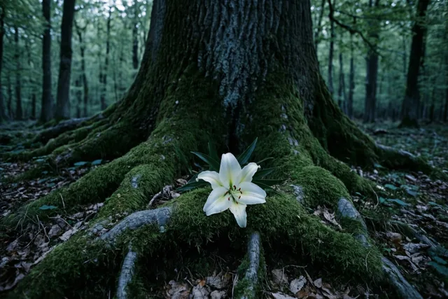Een witte lelie ligt op de met mos bedekte wortels van een grote oude boom in een stil bos.