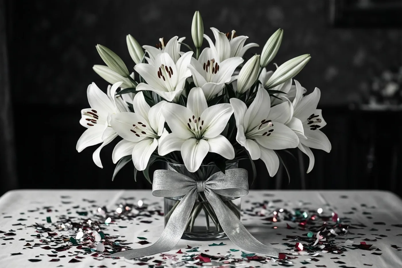 Een boeket witte lelies met een zilverkleurig lint staat in een glazen vaas op een tafel met kleurrijke confetti tegen een donkere achtergrond.