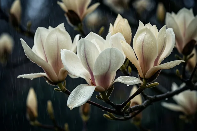 Witte magnoliabloemen met roze harten en glinsterende regendruppels staan tegen een donkere, onscherpe achtergrond.