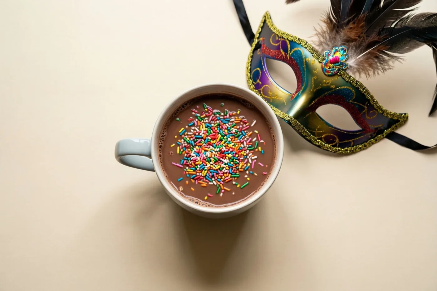Van bovenaf is een witte mok warme chocolademelk met gekleurd strooisel te zien naast een rijkversierd carnavalsmasker met veren op een effen beige ondergrond.