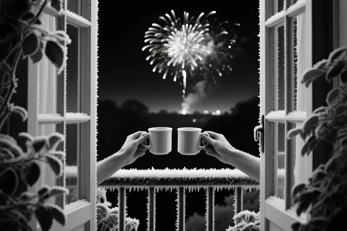 Twee handen met witte mokken zijn van binnenuit te zien bij een raam met rijp, met daarachter een besneeuwd balkon en vuurwerk boven een donker landschap.