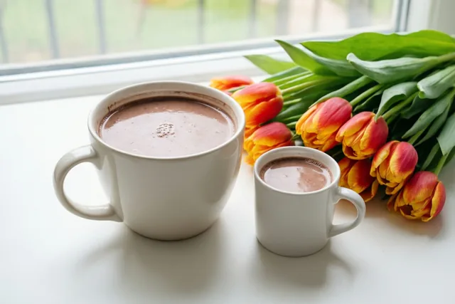 Twee witte mokken chocolademelk staan naast rode en gele tulpen op een witte ondergrond, met daglicht uit een raam op de achtergrond.