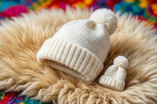 Twee witte gebreide mutsen met pompons, een grote en een kleine, liggen op een pluizige beige schapenvacht met kleurrijke stof op de achtergrond.