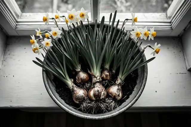 Een schaal met narcissen met witte bloemblaadjes en gele harten staat binnen op een verweerde witte vensterbank bij een raam.