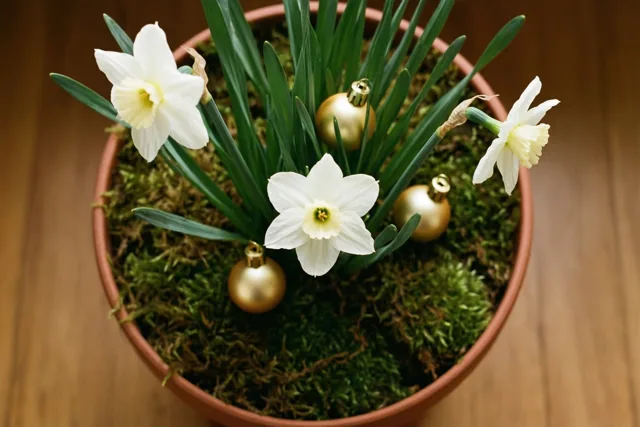 Narcissen met een gouden kerstwens