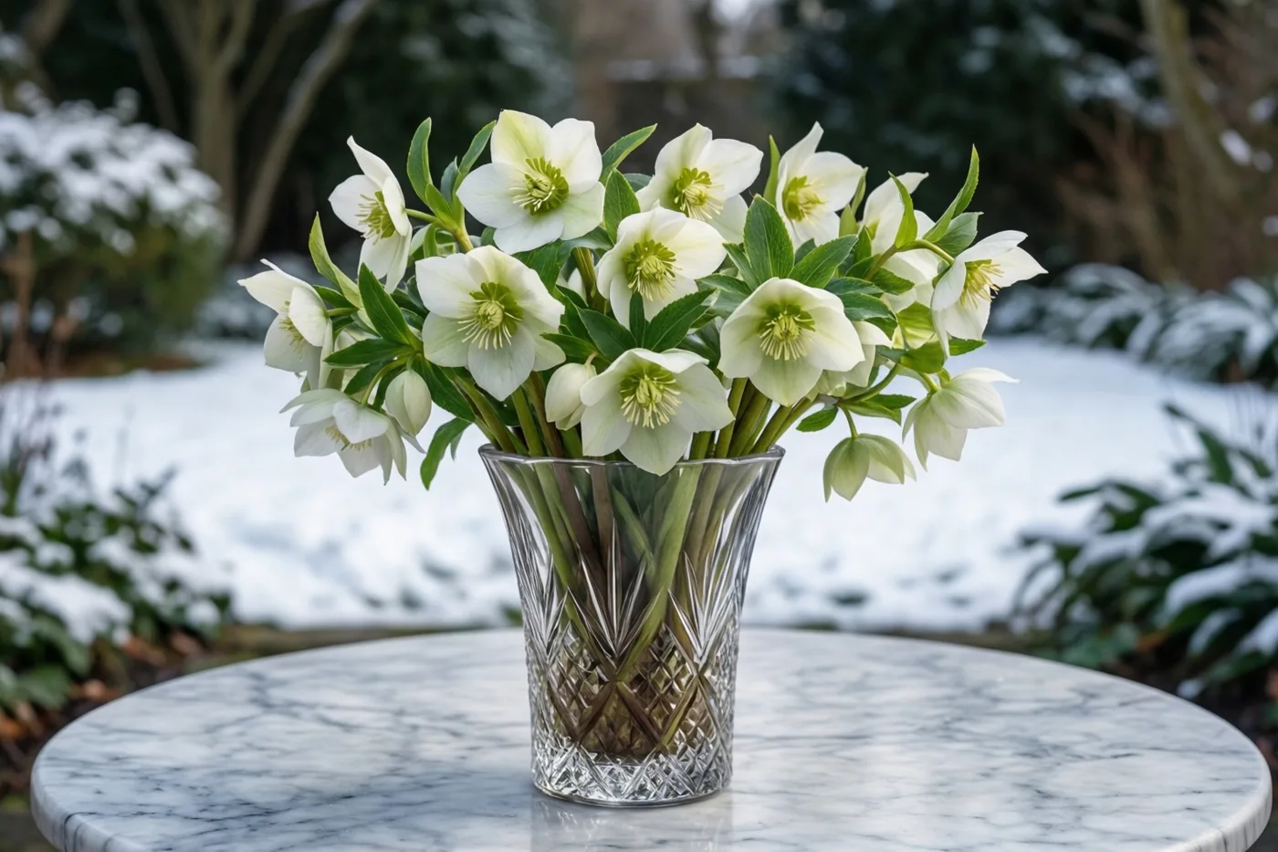 Een kristallen vaas met witte nieskruidbloemen staat op een marmeren tafel, met een besneeuwde tuin op de onscherpe achtergrond.