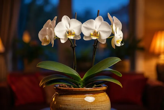 Een witte orchidee met meerdere bloemen staat in een pot in een warm verlichte binnenruimte met witte, groene en bruine tinten.
