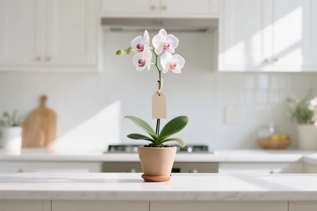 Een witte orchidee in een pot met een blanco papieren kaartje staat op een helderwit keukenwerkblad in natuurlijk zonlicht.