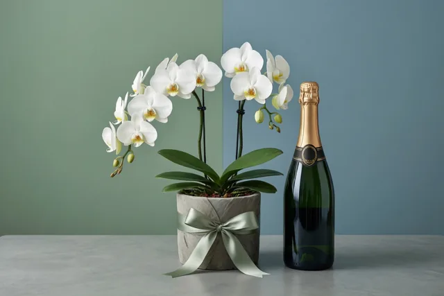 Een witte orchidee in een pot met een lichtgroene strik staat naast een champagnefles op een lichtgrijs bureau voor een groen-blauwe wand.
