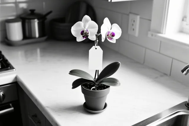 Een orchidee in een pot met twee witte bloemen en een blanco papieren kaartje staat op een licht keukenwerkblad in zwart-wit, met alleen de paarse bloemharten in kleur.