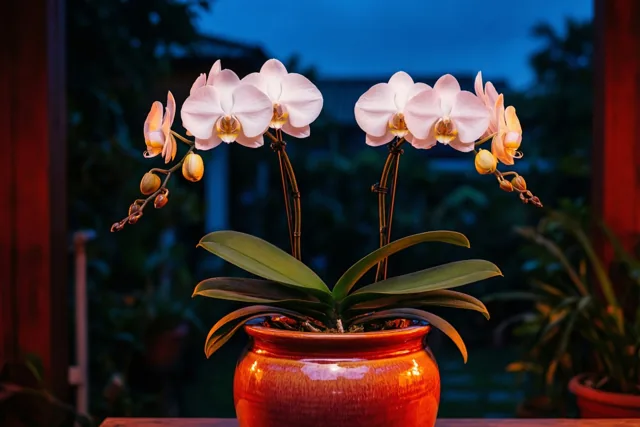 Twee bloeiende witte orchideeën met gele hartjes staan in één oranje keramieken pot tegen een donkerblauwe schemerachtergrond met onscherp groen.