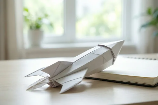 Een witte origamiraket staat op een houten bureau naast een open notitieboek in zacht daglicht van een raam.