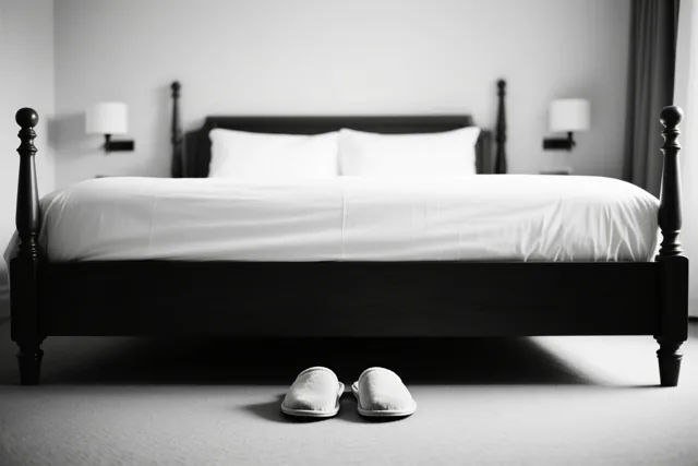 Witte pantoffels staan op tapijt voor een donker houten bed met wit beddengoed, in een sobere slaapkamer in zwart-wit met wandlampen en een raam met gordijnen.