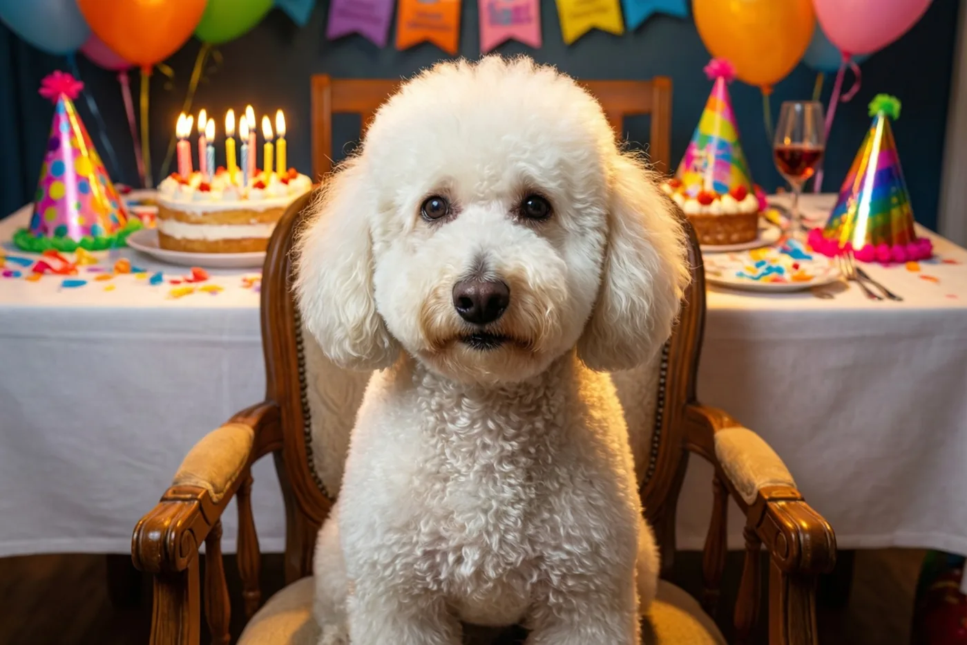 Een witte poedel zit op een houten stoel aan een feesttafel met taart, brandende kaarsjes en kleurrijke papieren hoedjes, tussen ballonnen en confetti tegen een donkere achtergrond.