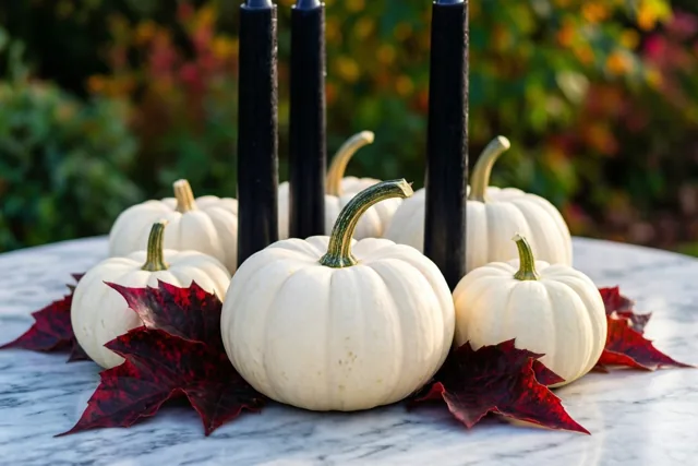 Op een marmeren tafel buiten staan witte pompoenen en hoge zwarte kaarsen tussen donkerrode herfstbladeren, met onscherp gebladerte op de achtergrond.