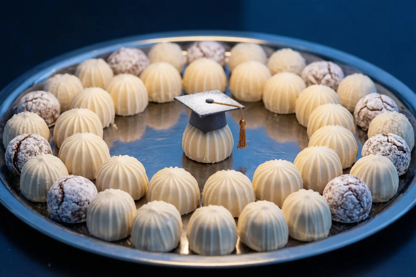 Witte en bepoederde Belgische pralines liggen op een zilverkleurig dienblad rond een praline met een klein afstudeerhoedje, tegen een donkerblauwe achtergrond.