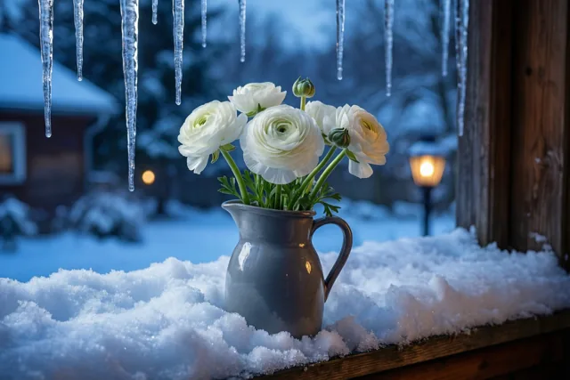 Witte ranonkels in een grijze keramieken kan staan op een besneeuwde vensterbank onder ijspegels aan het raamkozijn, met een besneeuwd landschap in de schemering en warme lichtjes op de achtergrond.