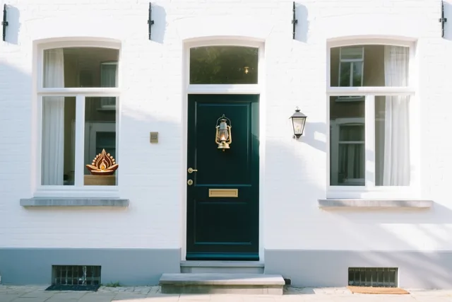 Een witgekalkte bakstenen rijwoning heeft een donkerblauwgroene voordeur met een messing lantaarn, een brandend olielampje in het linkerraam en een lantaarn naast de deur.