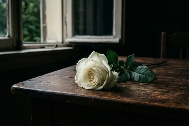 Een witte roos met groene bladeren ligt op een donkere houten tafel naast een open raam met een onscherp groen uitzicht.