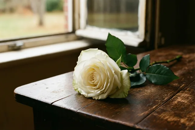 Een witte roos met groene bladeren ligt op een donkere houten tafel naast een open raam met een onscherp uitzicht naar buiten.