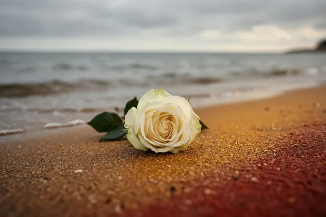Een witte roos ligt op nat zand aan een kalme grijze zee onder een bewolkte hemel, scherp in beeld tegen een wazige achtergrond.