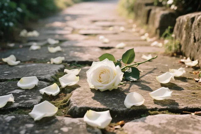 Een witte roos met groene bladeren ligt tussen losse witte rozenblaadjes op een oud stenen pad, met zacht zonlicht en onscherp groen op de achtergrond.