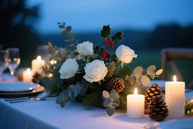 Een tafelstuk met witte rozen, hulst, eucalyptus en dennenappels staat buiten bij schemering op een wit tafelkleed, verlicht door brandende kaarsen tegen een blauwe lucht.