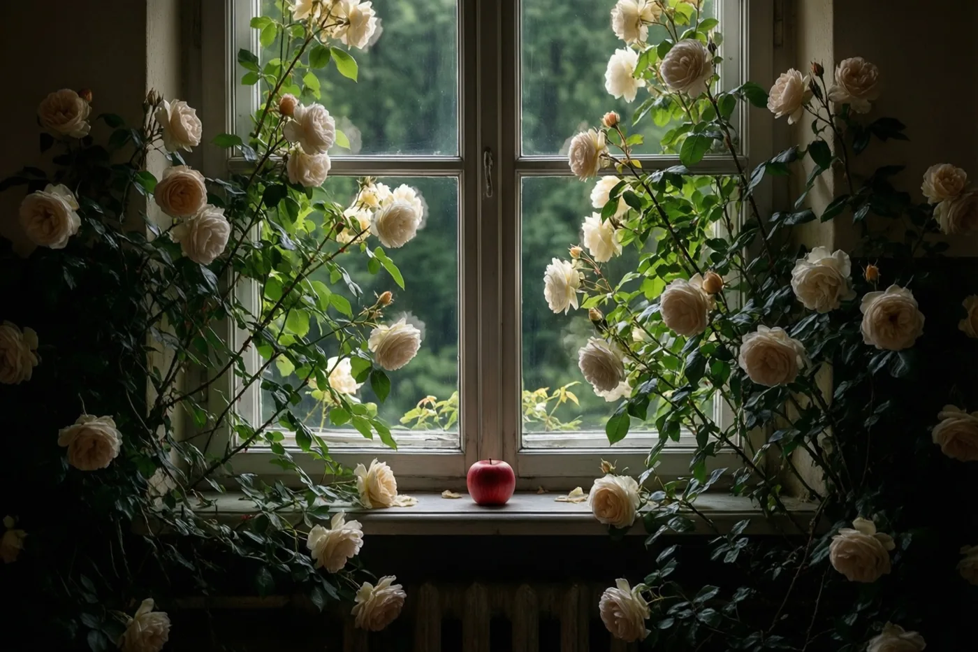 Witte rozen klimmen rond een vensterbank met een rode appel in een schemerige kamer, omringd door donkere schaduwen en groen blad.