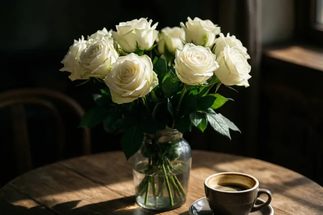 Witte rozen bij je koffie
