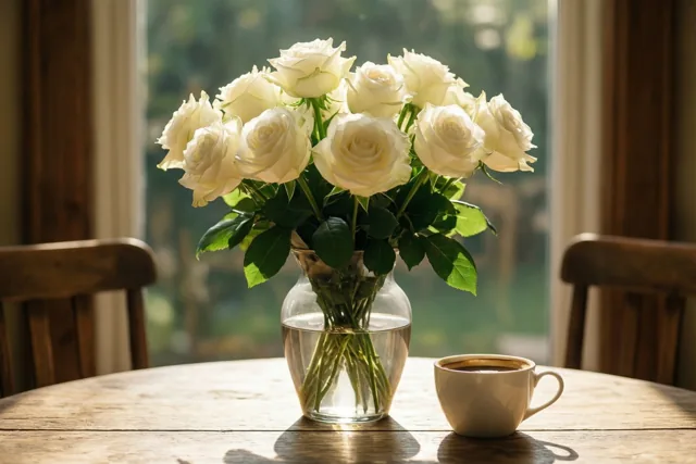 Goedemorgen met witte rozen