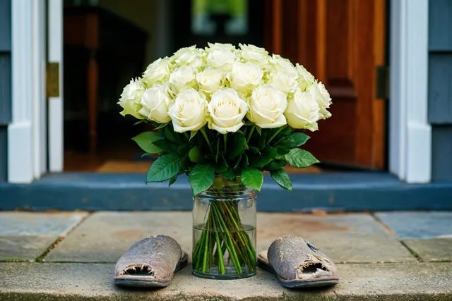 Een groot boeket witte rozen staat in een glazen pot op een stenen drempel naast een paar versleten, kapotgekauwde pantoffels, voor een houten deur met blauwe gevelbekleding.