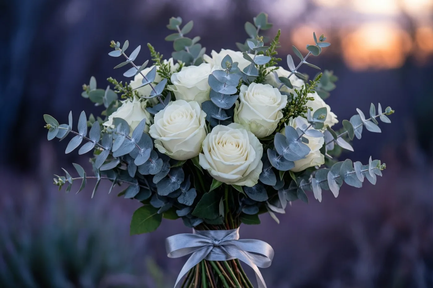 Een boeket witte rozen en zilvergrijze eucalyptusbladeren met een zilveren lint staat voor een onscherpe achtergrond met warme zonsondergangstinten.