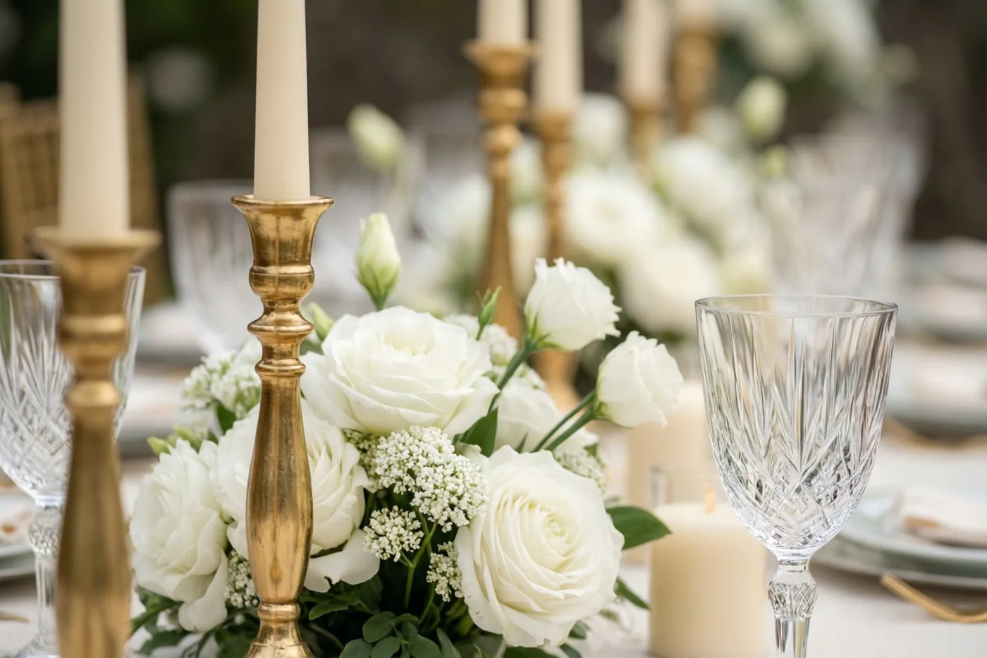 Een detailopname van een gedekte tafel toont witte rozen en gipskruid tussen gouden kandelaars en kristallen glazen, in zacht licht.