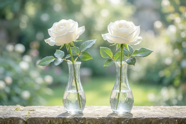 Twee witte rozen staan elk in een smalle glazen vaas op een verweerde stenen plank, met een onscherpe groene tuin en zachte lichtvlekken op de achtergrond.