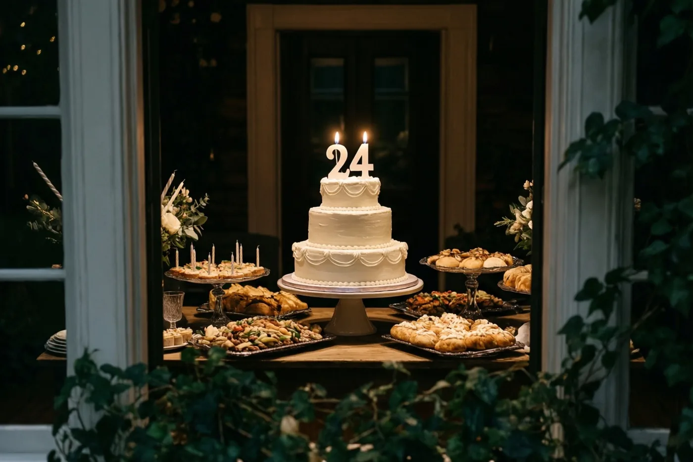 Door een raam is een witte stapeltaart te zien met een papieren versiering met 24 en twee brandende kaarsjes op een buffettafel, met groen op de voorgrond.